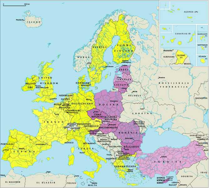 Geopolitical and regional map of Europe with 25 Member States
