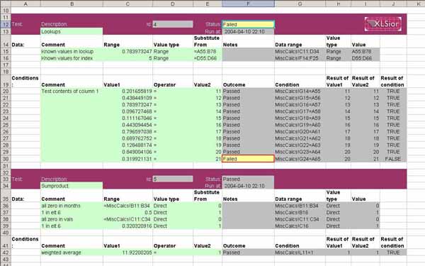 XLSior screen shot showing test cases