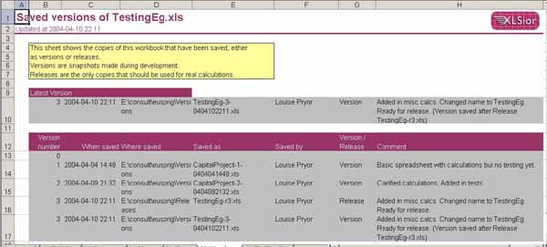 XLSior screen shot showing saved versions